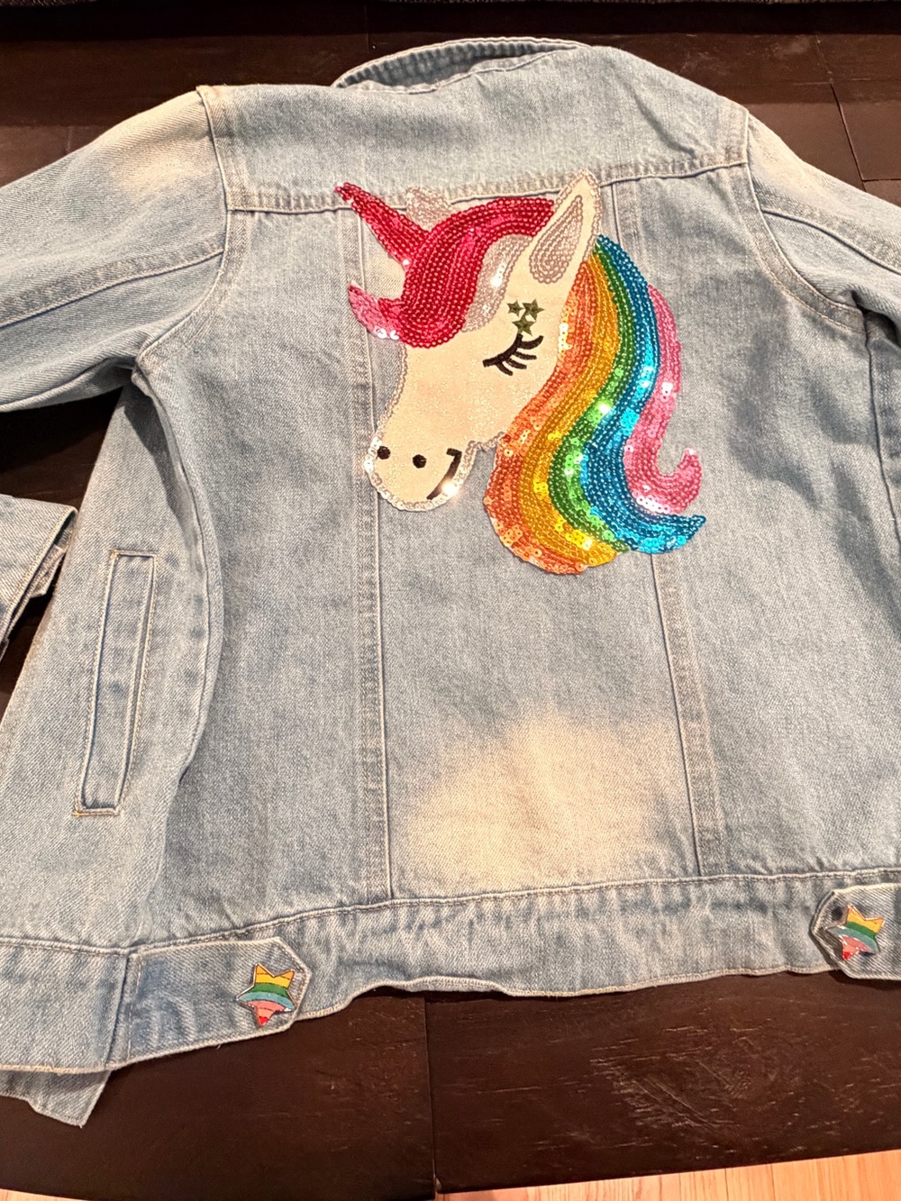 Lola and the Boys Jean Jacket with Rainbow Sequin Unicorn